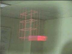 Vroege AR-visualisatie (ca. 2002): virtuele constructielagen direct over fysieke ruimte geprojecteerd.