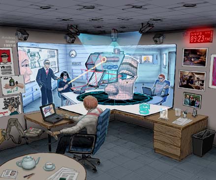 Kantoor van de toekomst (2002-beeld): early VR/AR werkplek-verbeelding.