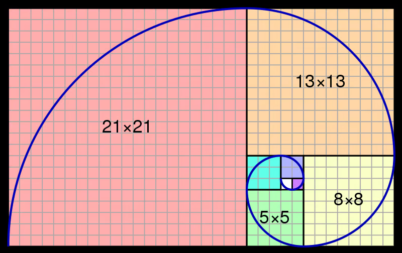 Fibonacci squares and spiral (5x5, 8x8, 13x13, 21x21)