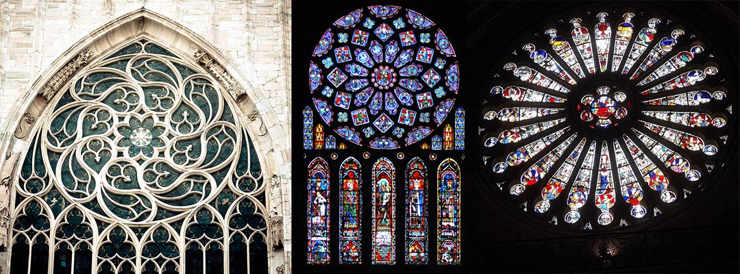Gothic cathedral rose window and stained-glass panels