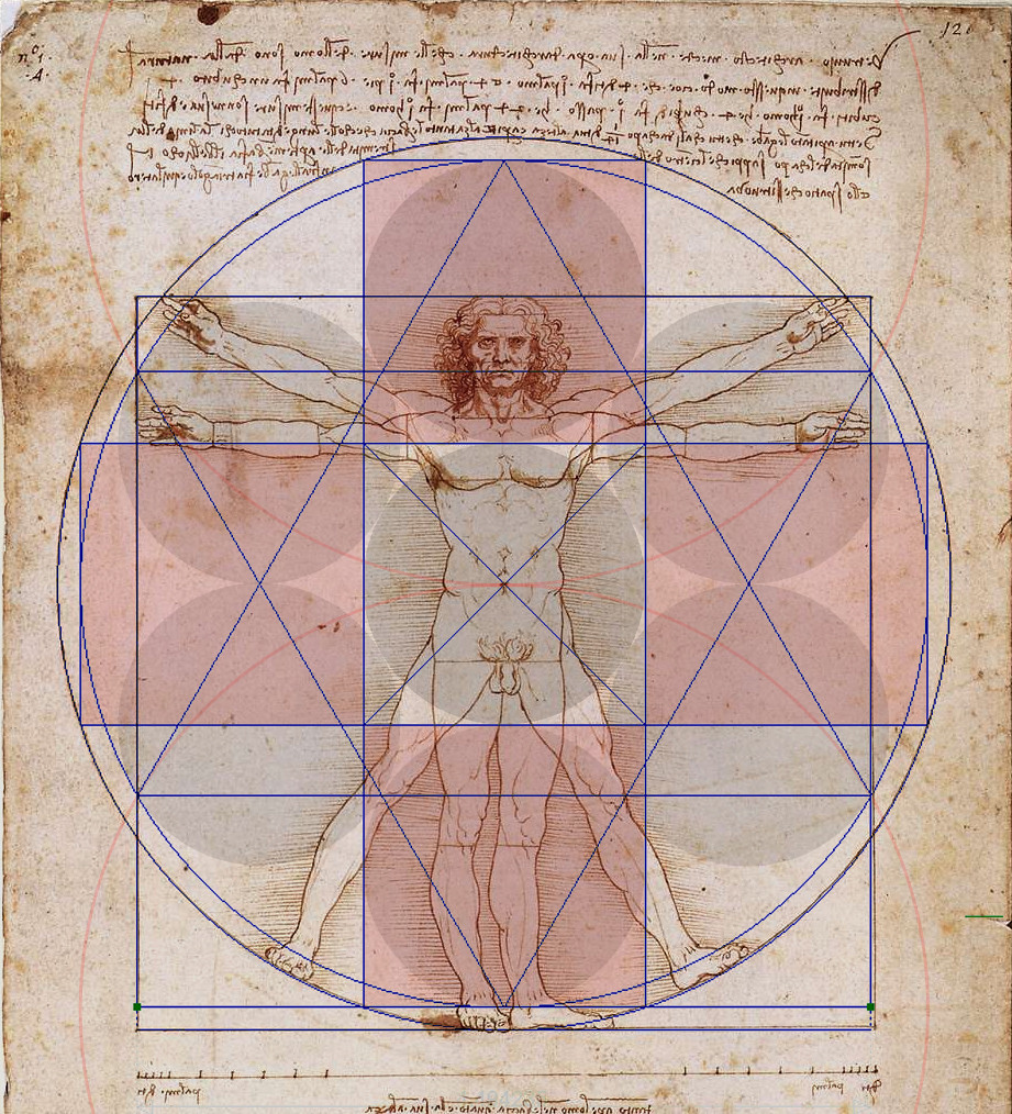Da Vinci Vitruvian Man with hidden triangle overlay