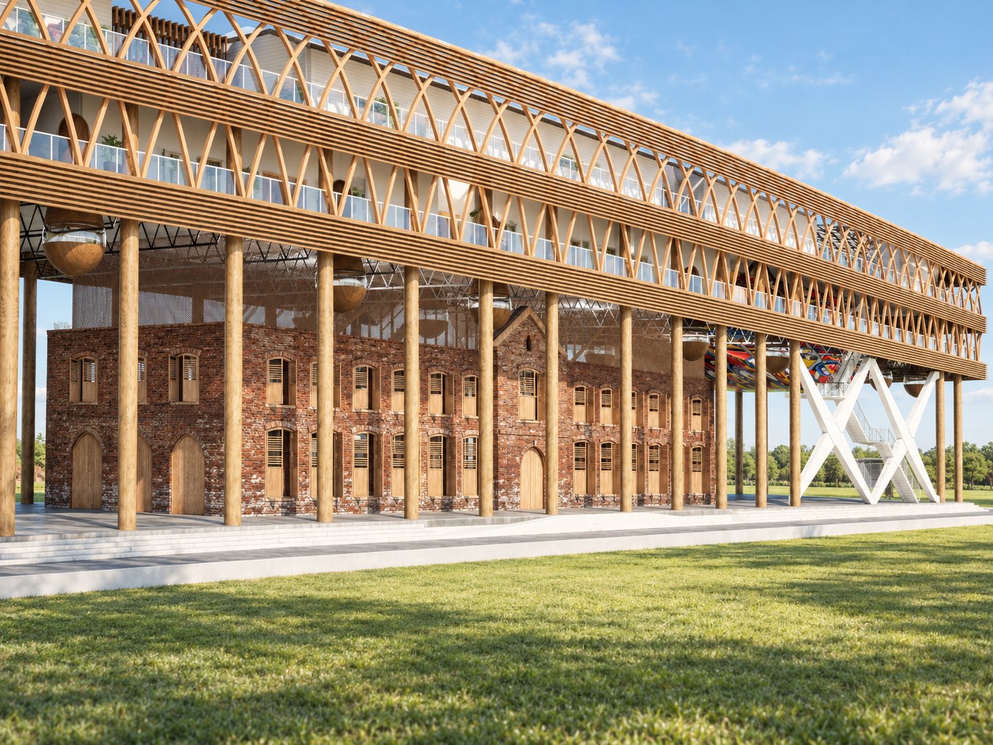 Conceptbeeld van een houten paviljoen boven het historische bakstenen gebouw