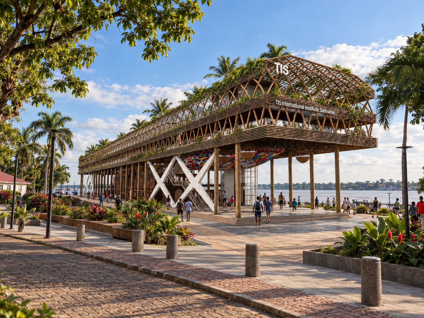 Conceptvisualisatie van het houten TIS-paviljoen aan de waterkant in Paramaribo